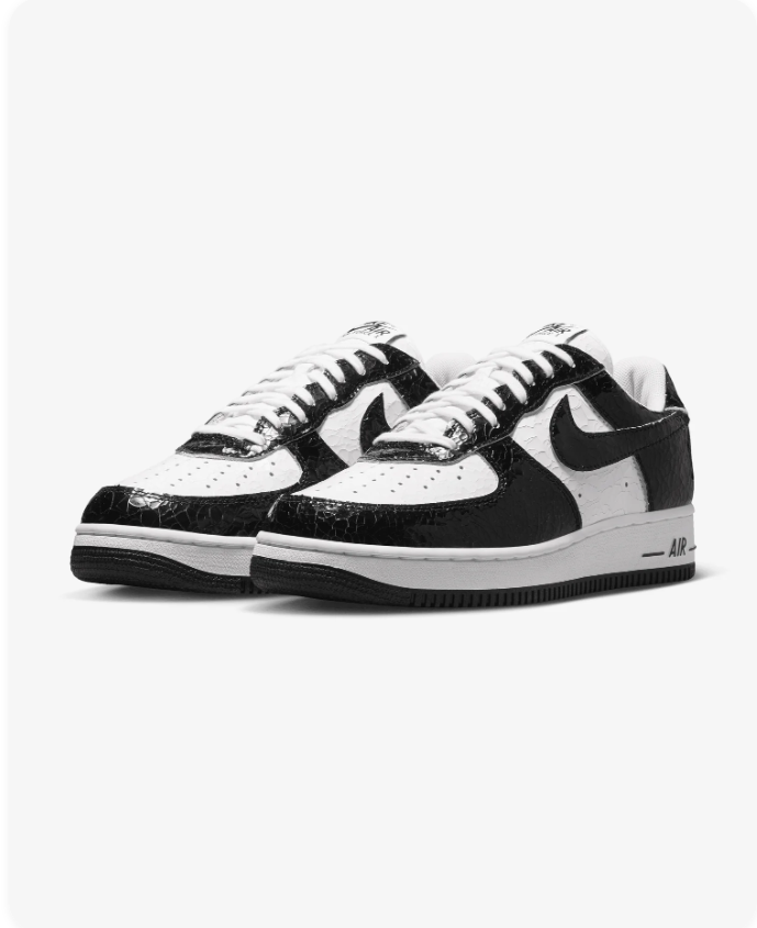 Nike Air Force 1 Low Black White Croc Patent Leather sneakers, pair shot, three-quarter view