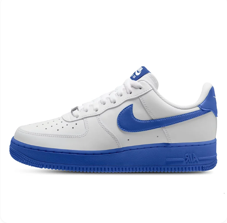 Nike Air Force 1 Low White Game Royal, white leather upper with royal blue Swoosh and midsole, side profile view